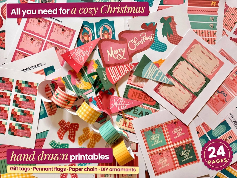 Pink Christmas Gift Tags Printable, 24 Page Set with Bow Tags, Pennant Flags, Paper Chain and DIY... | Etsy (Global)