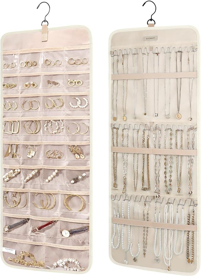 BAGSMART Hanging Jewelry Organizer Storage Roll with Hanger Metal Hooks Double-Sided Jewelry Hold... | Amazon (US)