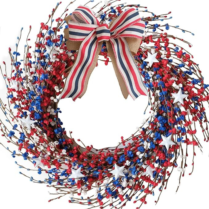 Idyllic 18 Inch Patriotic red White Blue Berries Leaves Wreath for Front Door, Memorial Day Burla... | Amazon (US)