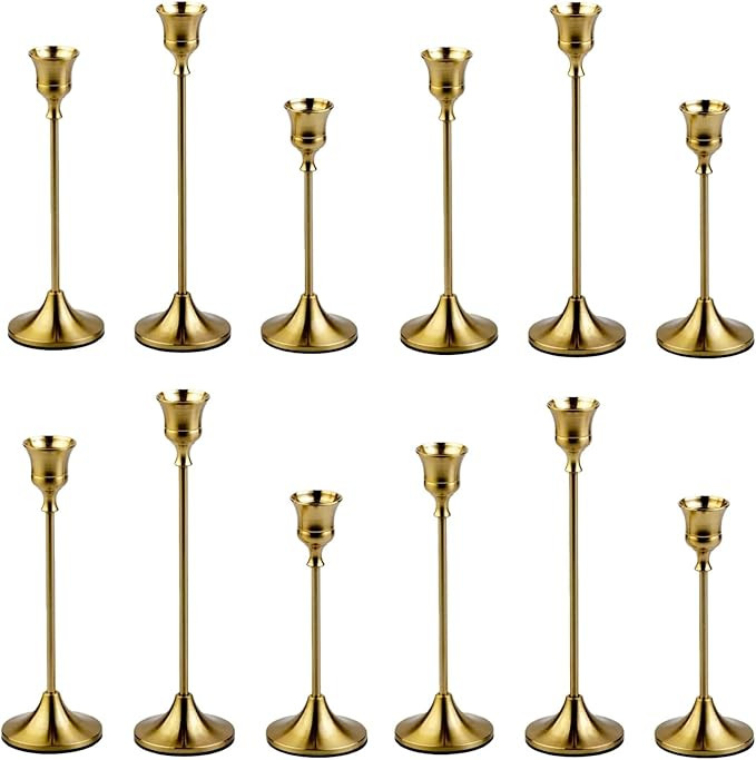 4 Sets(12 Pcs) Candle Stick Holders，Brass Gold Metal Taper Candle Holders, Vintage Modern Decor... | Amazon (US)
