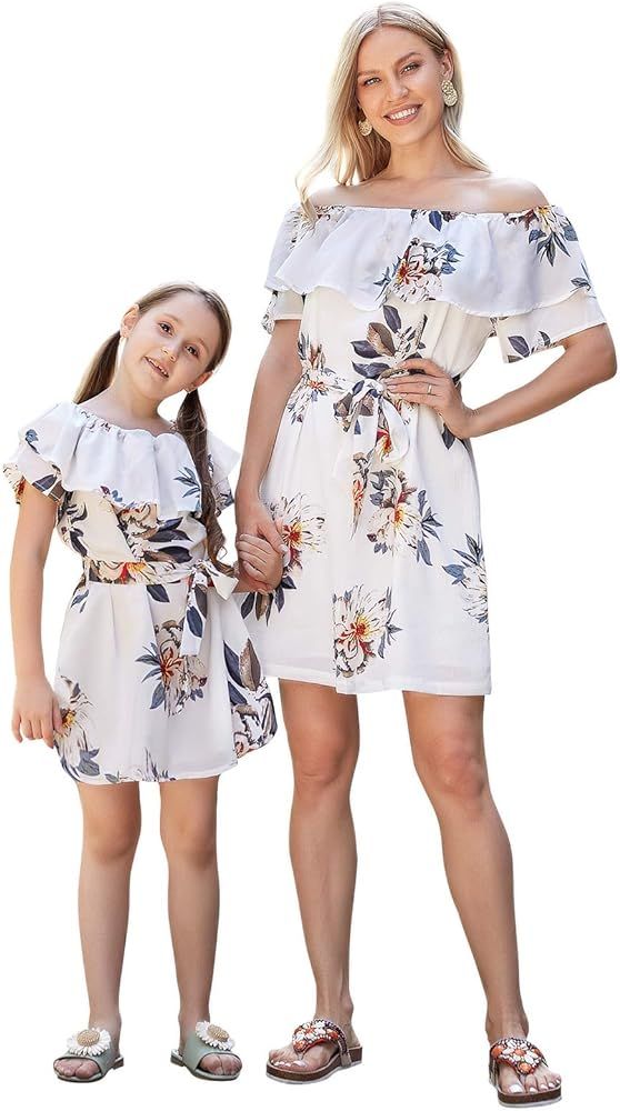Mommy and Me Dresses Floral Printed Chiffon Bowknot Ruffles Short Sleeve Beach Mom Daughter Match... | Amazon (US)