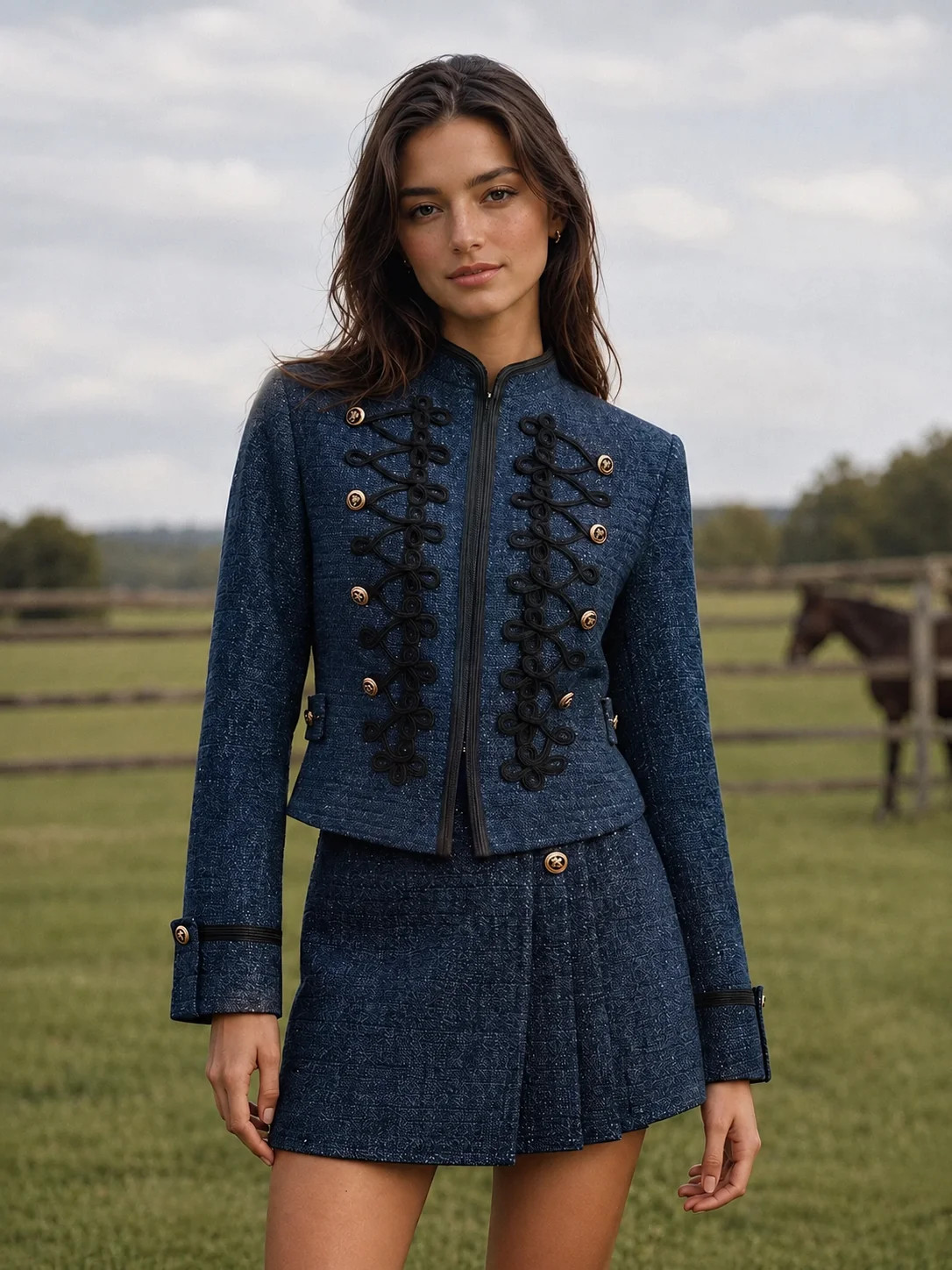 Military\u2011Style Braided Detail Tweed Blazer | Commense