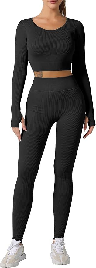 ABOCIW Workout Sets for Women Seamless Ribbed Sweetheart Neck Long Sleeve Crop Top Scrunch Butt H... | Amazon (US)