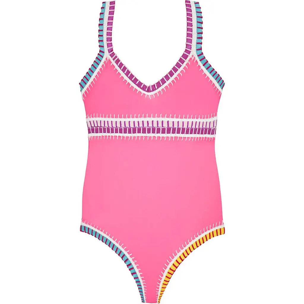 PQ SWIM Kids' Rainbow Embroidered One-Piece Swimsuit in Hot Pink at Nordstrom, Size 4 | Nordstrom