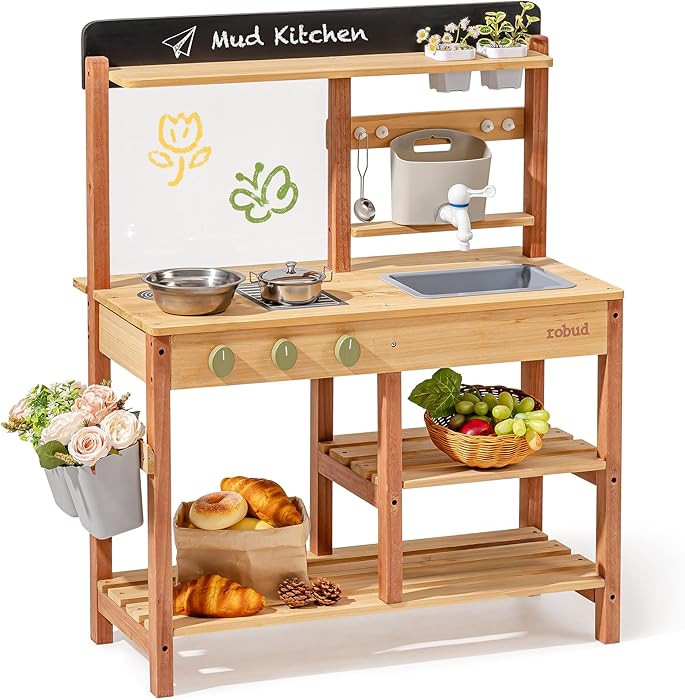 Robud Mud Kitchen, Wooden Outdoor Kitchen for Kids, Pretend Play Set with Sink, Faucet, Planting ... | Amazon (US)