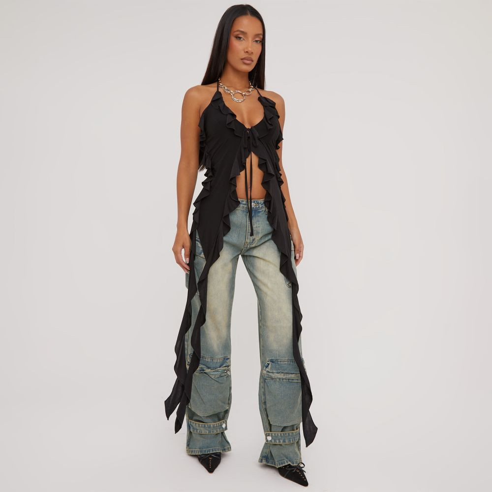 Plunge Halterneck Extreme Frill Detail Top In Black | EGO Shoes (US & Canada)