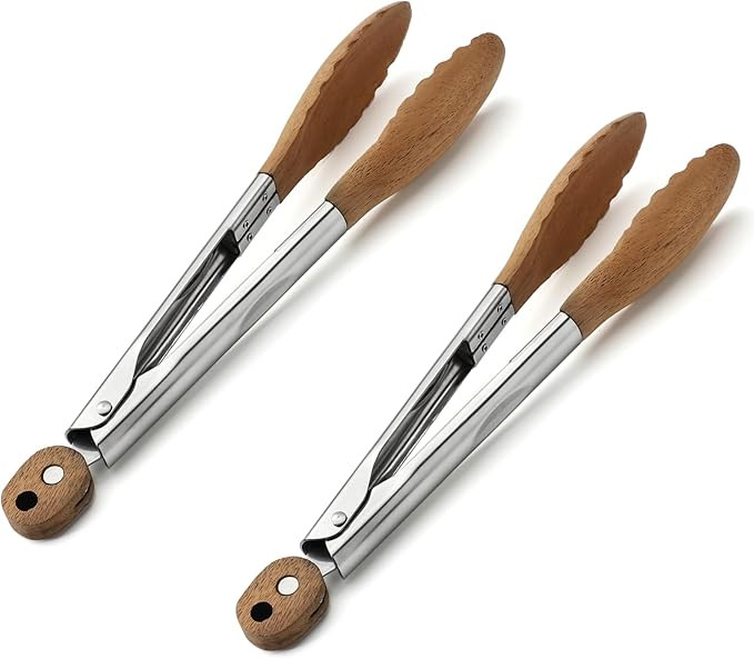 2 Pcs Walnut wood tongs Kitchen Tongs for Cooking 9-Inch Kitchen Tongs Grilling for Serving Food,... | Amazon (US)
