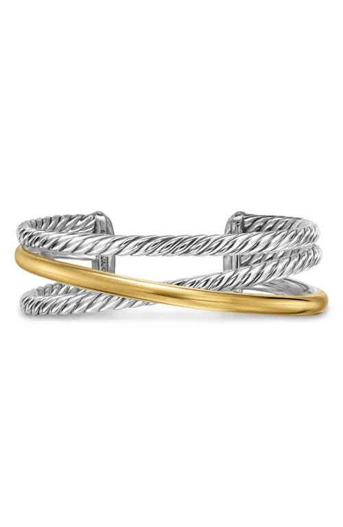 David Yurman Crossover Three-Row Cuff Bracelet in Sterling Silver with 14K Yellow Gold, 20mm in Sterling Silv 14K Gold - Med at Nordstrom, Size Medium | Nordstrom