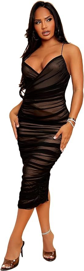 Floerns Women's Contrast Mesh Sleeveless Ruched Split Hem Bodycon Long Dress | Amazon (US)