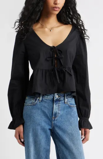 BP. Tie Front Scoop Neck Cotton Poplin Peplum Top in Black at Nordstrom Rack, Size Xx-Small | Nordstrom Rack