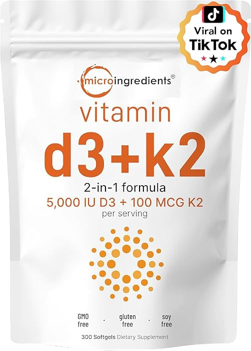 Micro Ingredients Vitamin D3 5,000 IU + K2 MK-7 100 mcg, 300 Softgels | 2-in-1 Vitamins D & K Com... | Amazon (US)