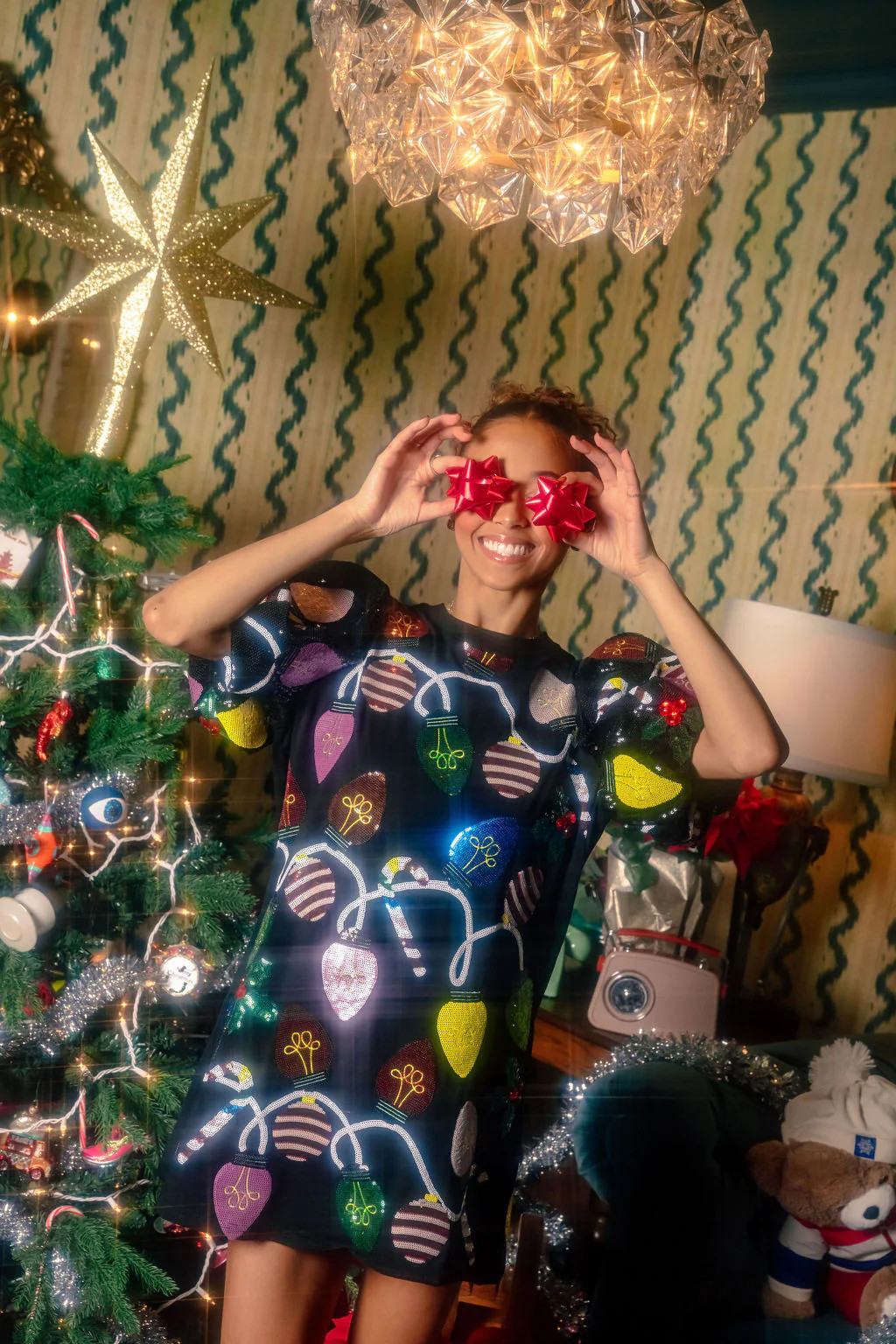 Black Christmas Lights Poof Sequin Sleeve Tee Dress | Queen of Sparkles