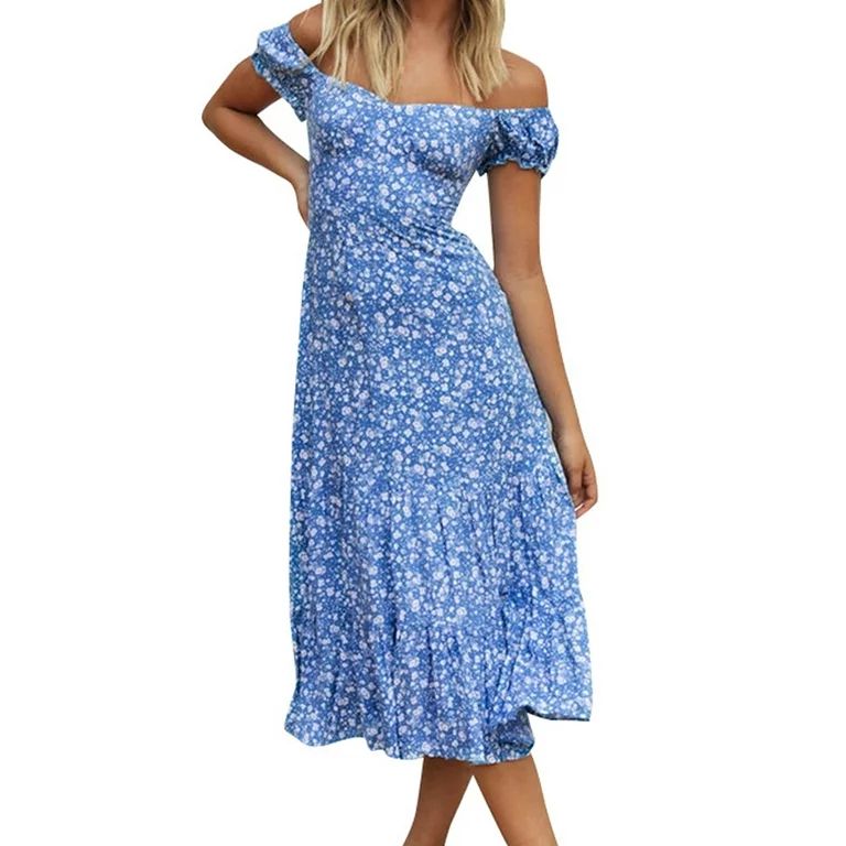 Spring hue Women Floral Off Shoulder Maxi Dress Lady Party Beach Cross Slim Sundress Dress | Walmart (US)