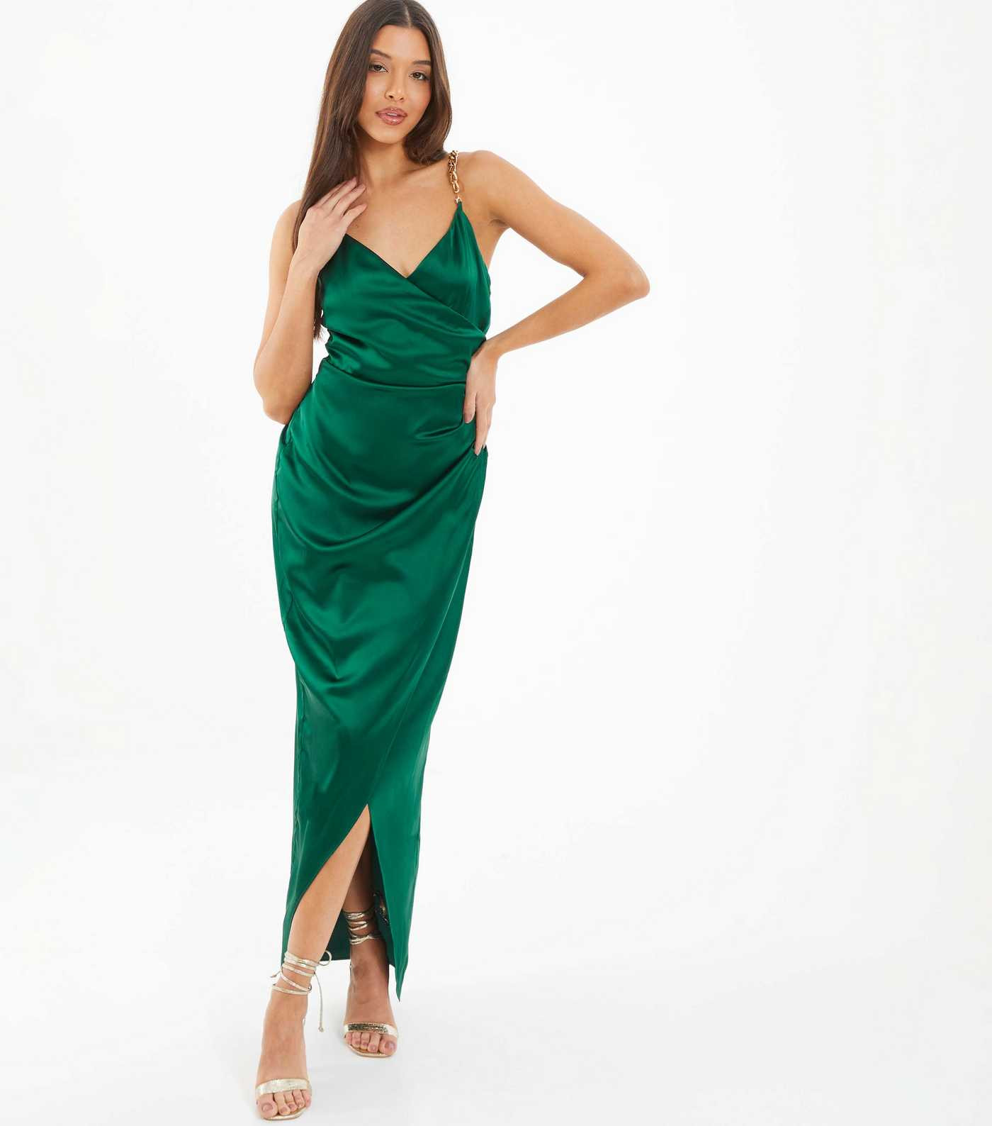 QUIZ Green Satin Strappy Ruched Maxi Dress
						
						Add to Saved Items
						Remove from Save... | New Look (UK)