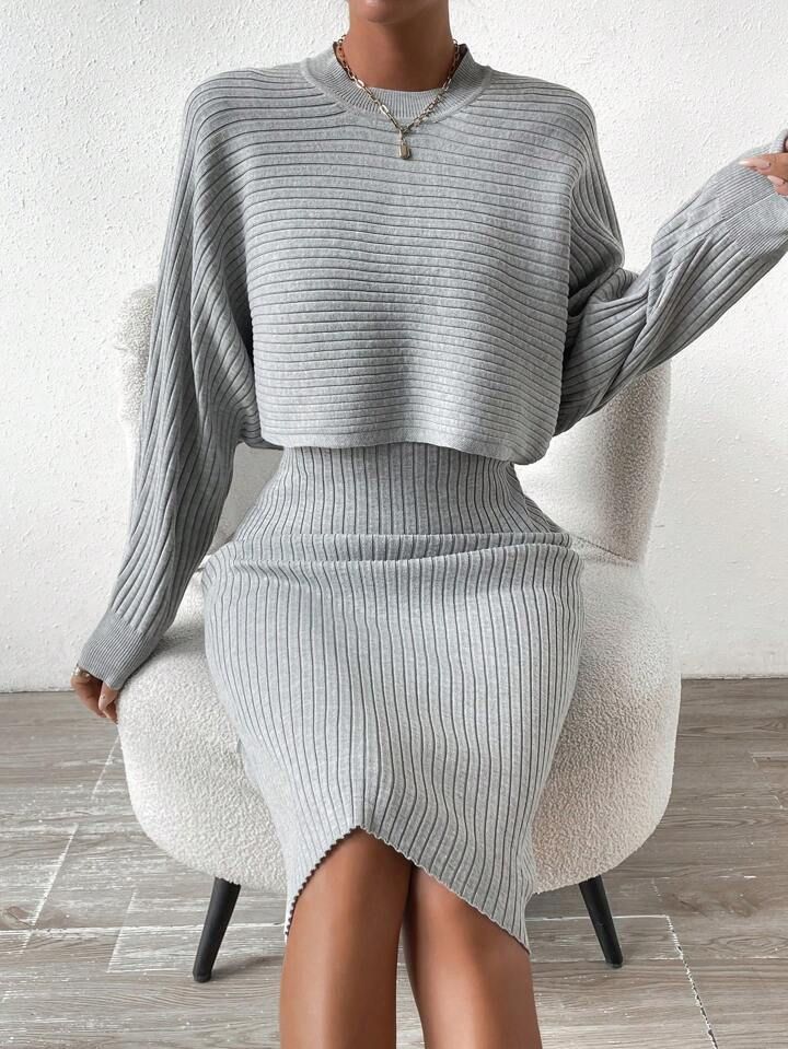 SHEIN Essnce Batwing Sleeve Sweater & Ribbed Knit Dress | SHEIN