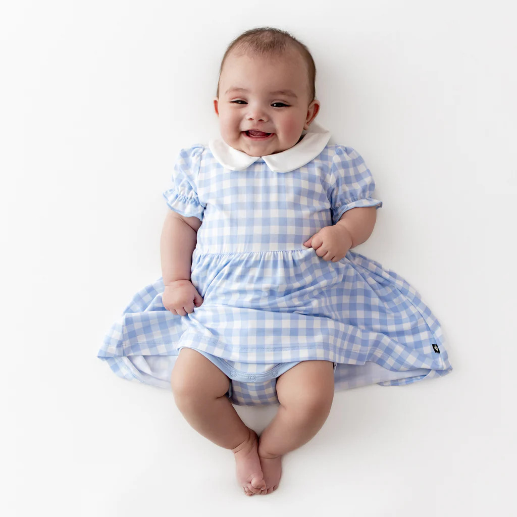 Peter Pan Collar Bodysuit Dress in Gingham Breeze | Kyte Baby