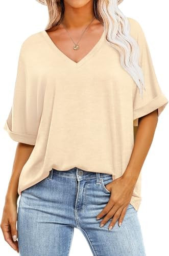 Womens Oversized T Shirts V Neck Loose Fit Shirts Short Sleeve Summer Casual Tops 2025 Trendy Blo... | Amazon (US)