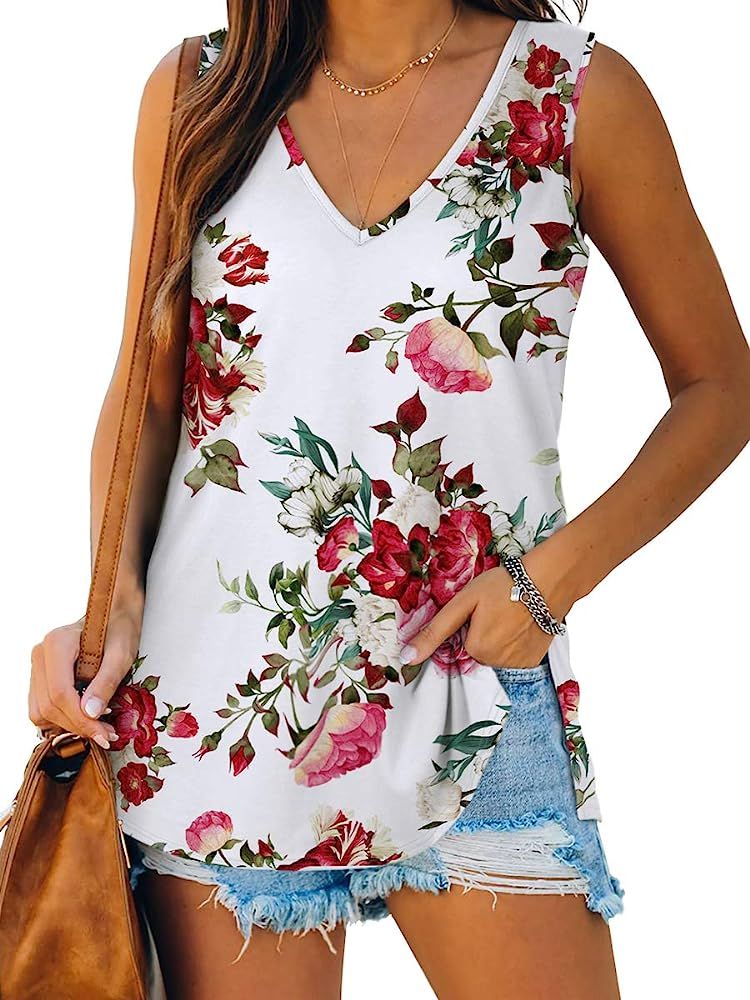 Dofaoo Women's Tank Tops V Neck T Shirts Basic Sleeveless Shirts Side Split Tunic | Amazon (US)