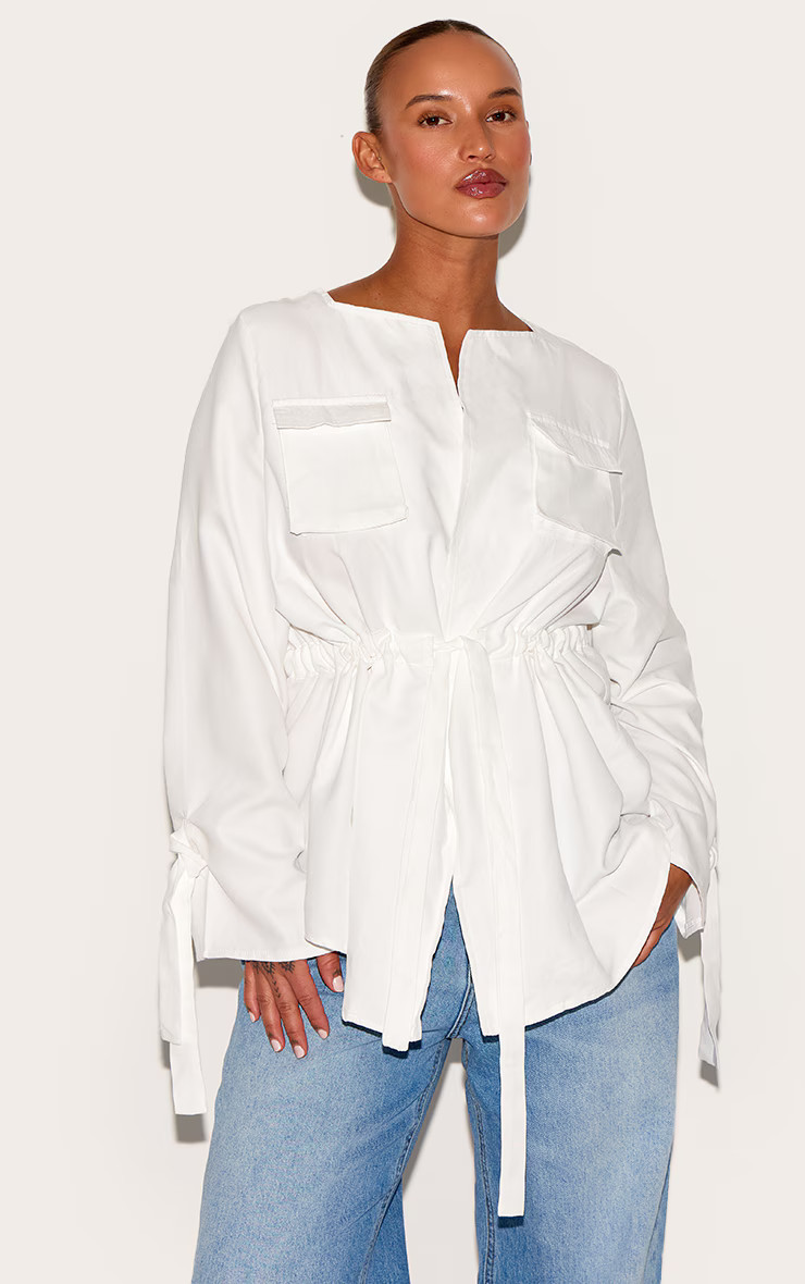 Plus White Faux Suede Cargo Ruched Waist Shirt | PrettyLittleThing UK