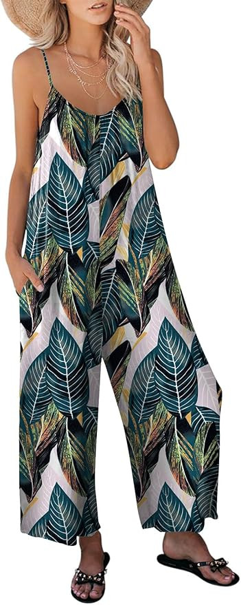 ANRABESS Women Summer Casual Sleeveless Spaghetti Strap Boho Wide Leg Jumpsuits Rompers Dressy 20... | Amazon (US)