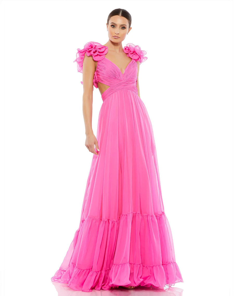 RUFFLE TIERED CUT-OUT CHIFFON GOWN | Mac Duggal