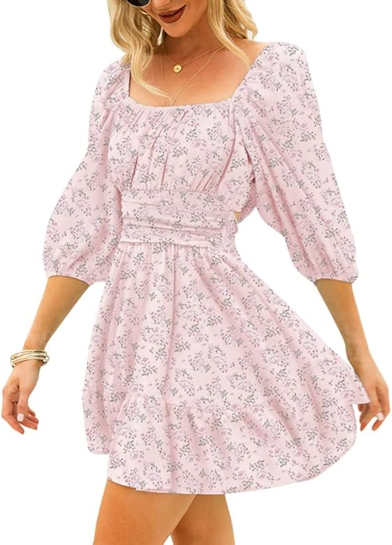 EXLURA Women's Lantern Sleeve Tie Back Summer Dress Ruffled Off Shoulder A-Line Vintage Mini Dress | Amazon (US)