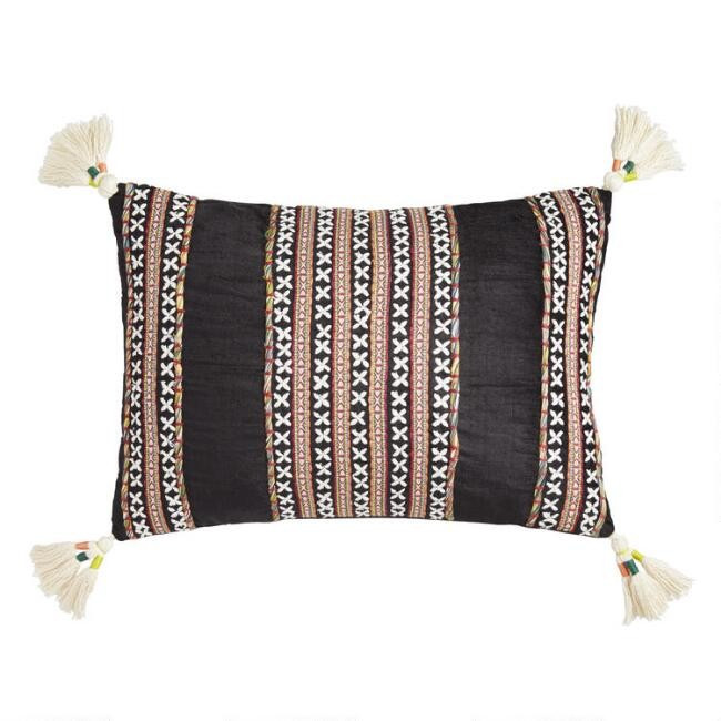 Black Velvet Embroidered Nora Lumbar Pillow | World Market