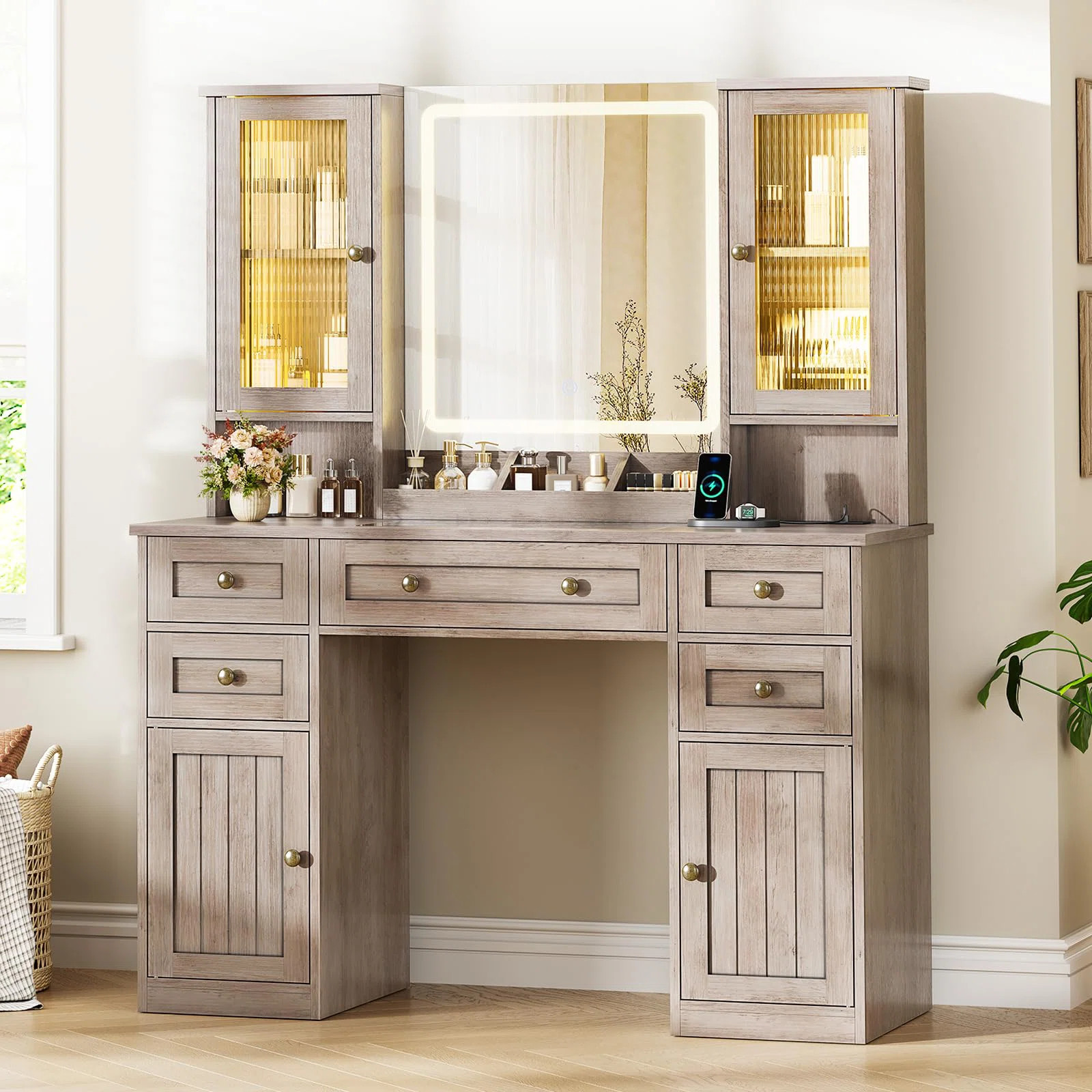 Makeup Vanity Desk with Mirror and Lights 43.3''W Dressing Table for Bedroom Solid Wood Modern Fa... | Wayfair North America