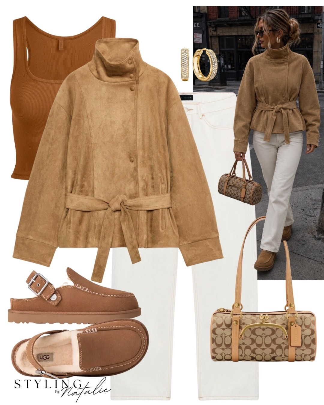 Belted suede jacket with funnel neck, white high waist jeans, Coach bag, Ugg Elvina fur lined clogs, skims tank top and diamond hoop earrings.
City style, fall fashion, autumn outfit, transitional style, suede, peplum jacket, Zara style, elevated casual chic @Mejuri @Zara

#LTKuk #LTKautumn #LTKeurope