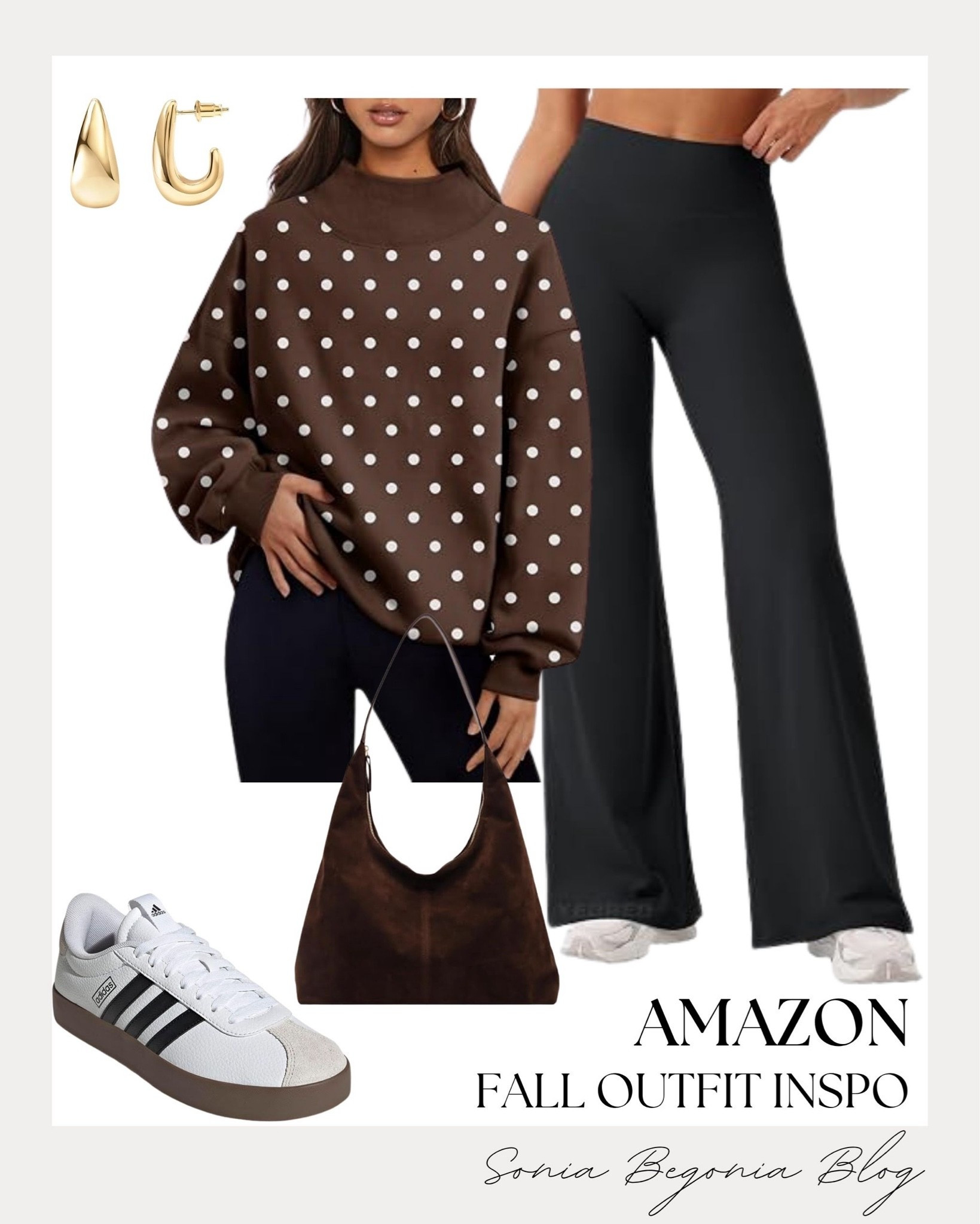 Casual fall outfit inspo! 🍂 I styled a cozy brown polka-dot mock-neck sweatshirt with comfortable black flare pants for an easy, stylish seasonal look.  
I completed the outfit with sporty sneakers, a rich brown suede shoulder bag, and simple gold hoop earrings. Perfect for everyday wear! ✨