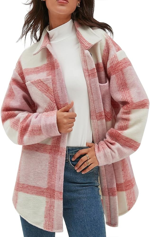 CHYRII Women's Casual Flannel Plaid Shacket Button Down Long Sleeve Shirt Jacket Coats with Pocke... | Amazon (US)