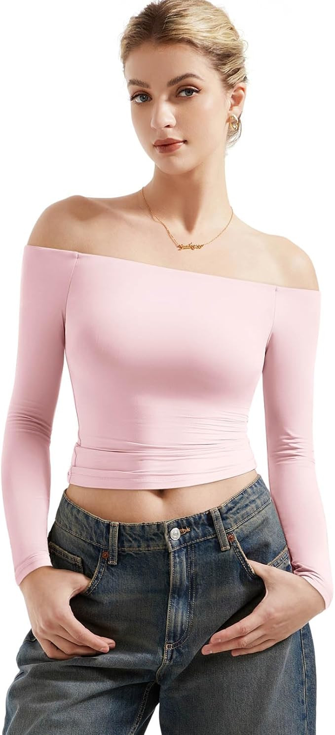 SUUKSESS Women Off Shoulder Double Lined Long Sleeve Shirts Basic Going Out Tops | Amazon (US)