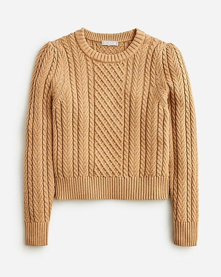 Cable-knit puff-sleeve crewneck sweater | J. Crew US