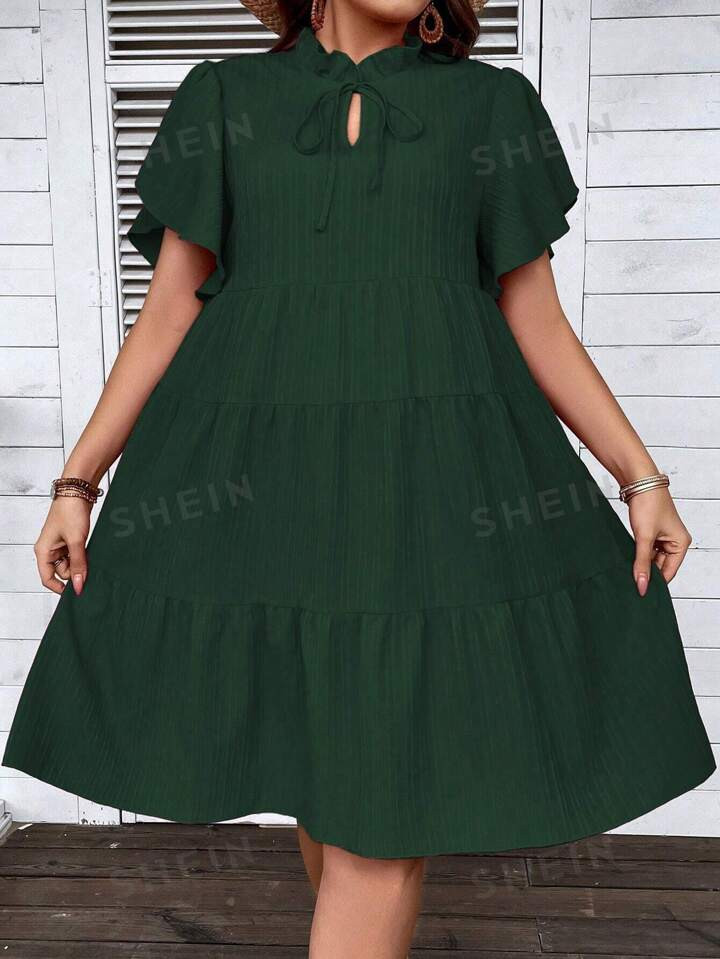 SHEIN Essnce Plus Size Solid Color Vacation Casual Dress With Puff Sleeves | SHEIN