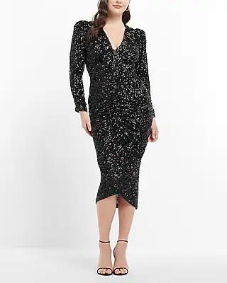 Sequin V-Neck Puff Shoulder Ruched Midi Sheath Dress | Express