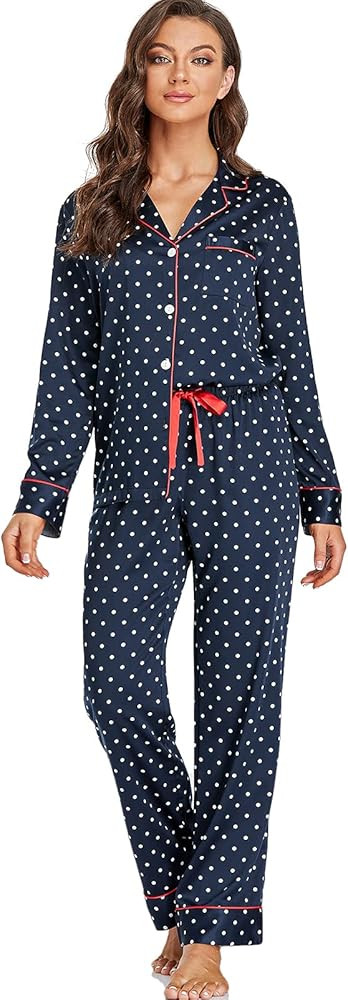 Women's Satin Pajama Set Long Sleeve Button Down Sleepwear 2-Piece Silky Pj Set | Amazon (US)