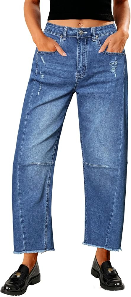 Genleck Barrel Jeans Women Wide Leg - Vintage Baggy Ripped Jeans Y2k Boyfriend Ankle Denim Pants | Amazon (US)