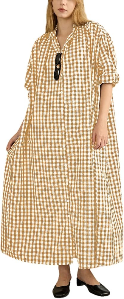 Chunoy Women Button Down Dress Long Sleeve Plaid Cotton Gingham Dresses | Amazon (US)