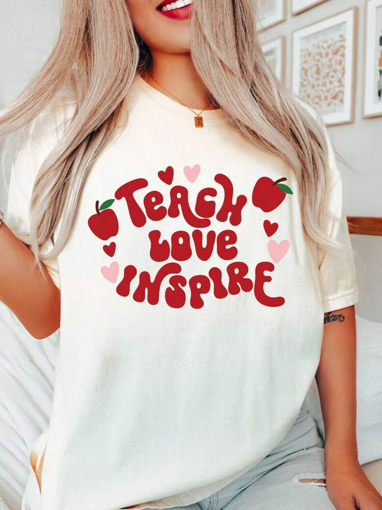 Summer Casual Women's Round Neck T-Shirt, Teaching Love Inspiring Shirt, Teacher Shirt, Back To S... | SHEIN