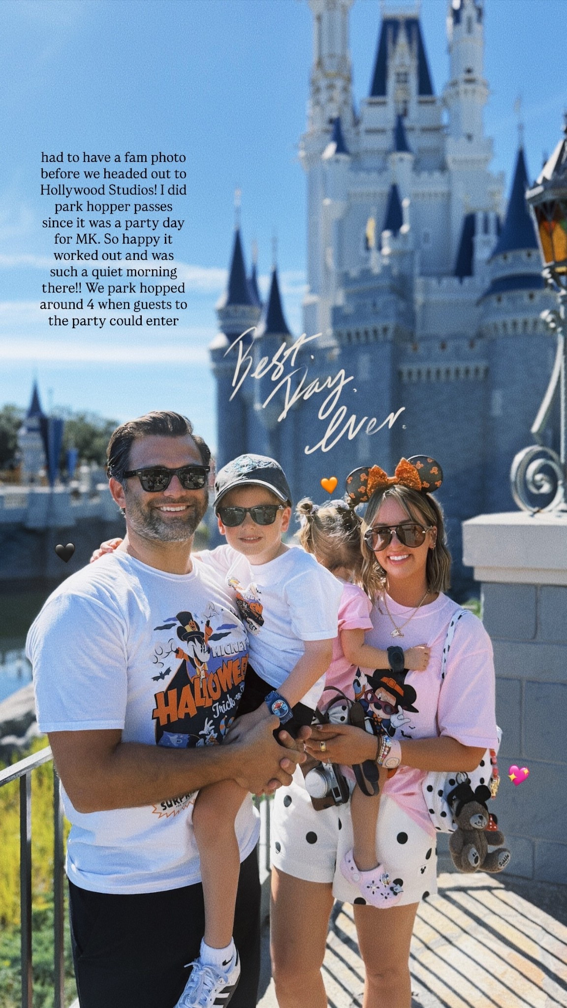 🖤 💖 🧡 had to have a fam photo before we headed out to Hollywood Studios! I did park hopper passes since it was a party day for MK. So happy it worked out and was such a quiet morning there!! We park hopped around 4 when guests to the party could enter