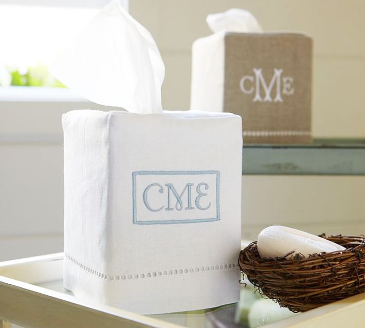 White Linen Hemstitch Tissue Box Cover | Pottery Barn (US)