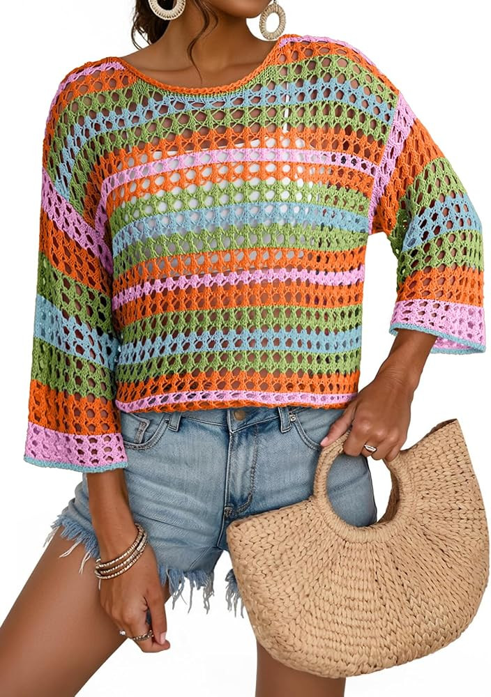 Dokotoo Womens Summer Fall 3/4 Sleeve Crochet Sweater Hollow Out Color Block Striped Tops Casual ... | Amazon (US)