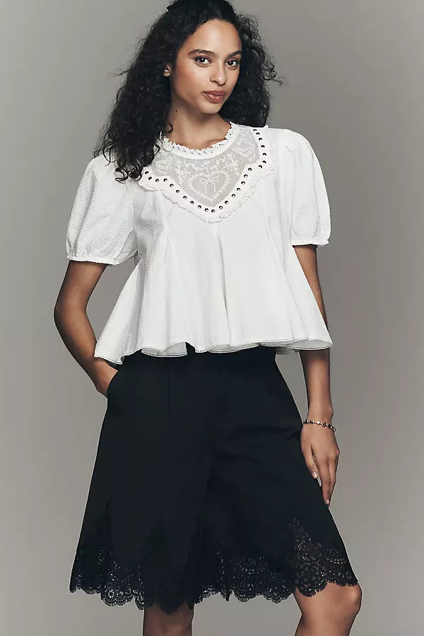 By Anthropologie Pleated Lace-Hem Knee-Length Shorts | Anthropologie (UK)