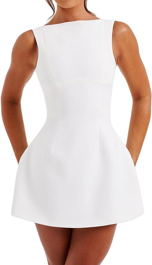 SOLILOQUY Women White Graduation Dress Y2k Summer Corset Flowy Short Dress Spaghetti Strap Backle... | Amazon (US)