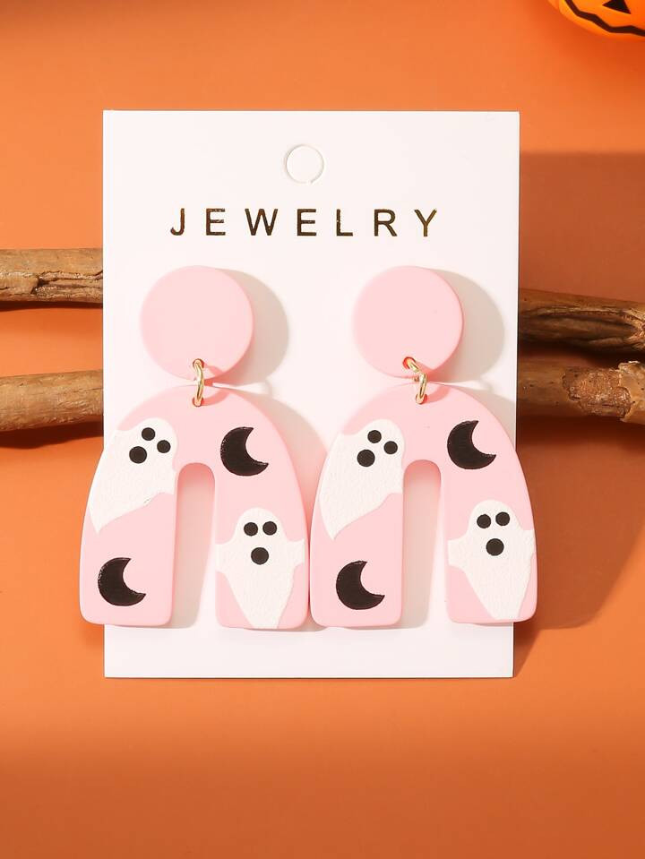 1pair Women's Halloween Moon & Little Ghost Printed Pink & Clay Texture Acrylic Festival Earrings | SHEIN