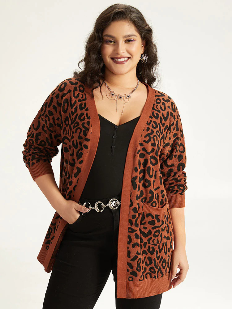 Halloween Leopard Print Patched Pocket Split Side Cardigan | Bloomchic