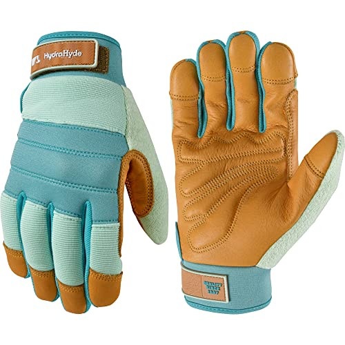 Wells Lamont Women's HydraHyde Leather Hybrid Gloves – Water-Resistant, Durable Cowhide Palm, Spandex Stretch Back – Ideal Landscaping/Farming/Gardening Gloves – Adjustable Wrist – Small, Blue (3250S) | Amazon (US)