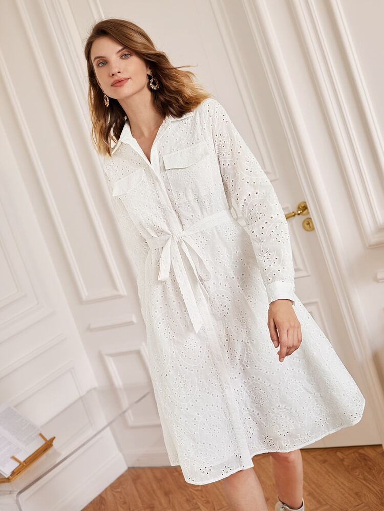 SHEIN Frenchy Flap Pocket Patched Self Belted Schiffy Shirt Dress | SHEIN