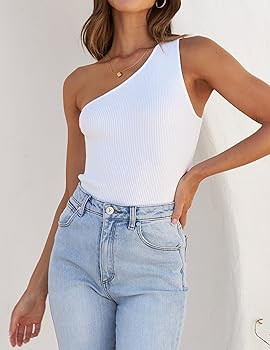 ZESICA Women's One Shoulder Tank Summer Sleeveless T Shirt Ribbed Knit Slim Fit Sexy Casual Basic... | Amazon (US)