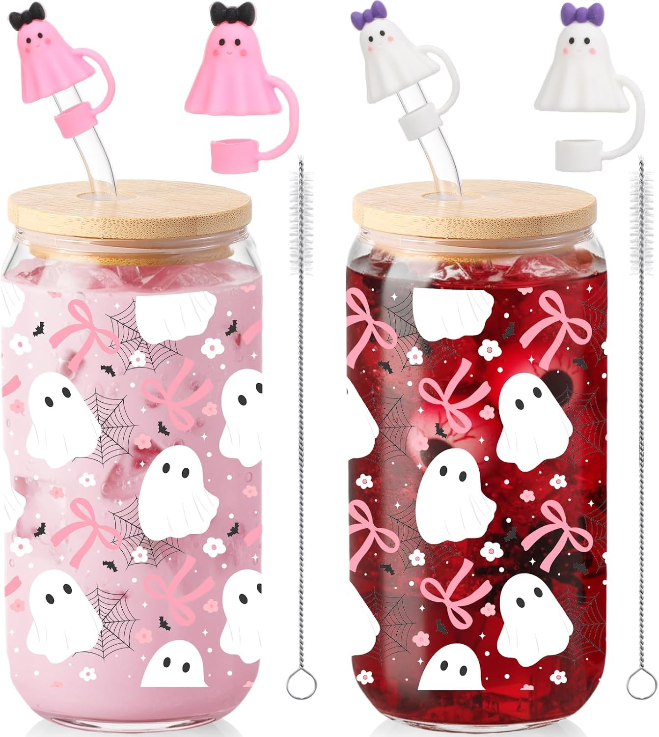 Sliner 2 Pcs 16 oz Halloween Ghost Glass Cups with Lids, Straws and Ghost Straw Tip Cover Halloween Iced Coffee Mug Tumbler Drinking Glasses Glassware Boo Spooky Basket Stuffers Gifts (Cute Style) | Amazon (US)